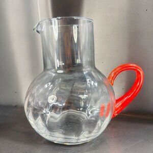 Large Hand Blown Clear Pitcher Carafe With Applied Red Handle Hand Made Glass